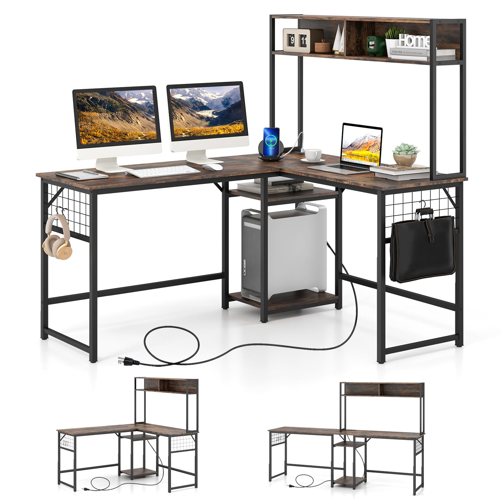 Tangkula L-Shaped Desk with Power Outlet, Large Corner Desk Converts to 2-Person Long Desk with Hutch